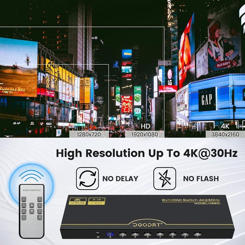 DGODRT 8×1 HDMI Switch 8 in 1 Out, 8 Port 4K HDMI Switcher Selector Box with IR Remote Control, Support 4K@30Hz Ultra HDR HDCP 3D 1080P for Xbox PS4 PC Laptop - Image 5